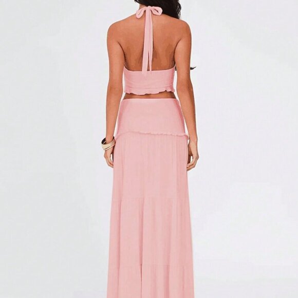 Pink Elegant Women's Ruched Ruffled Slim Halter Crop Top & Skirt Set - Picture 4 of 4
